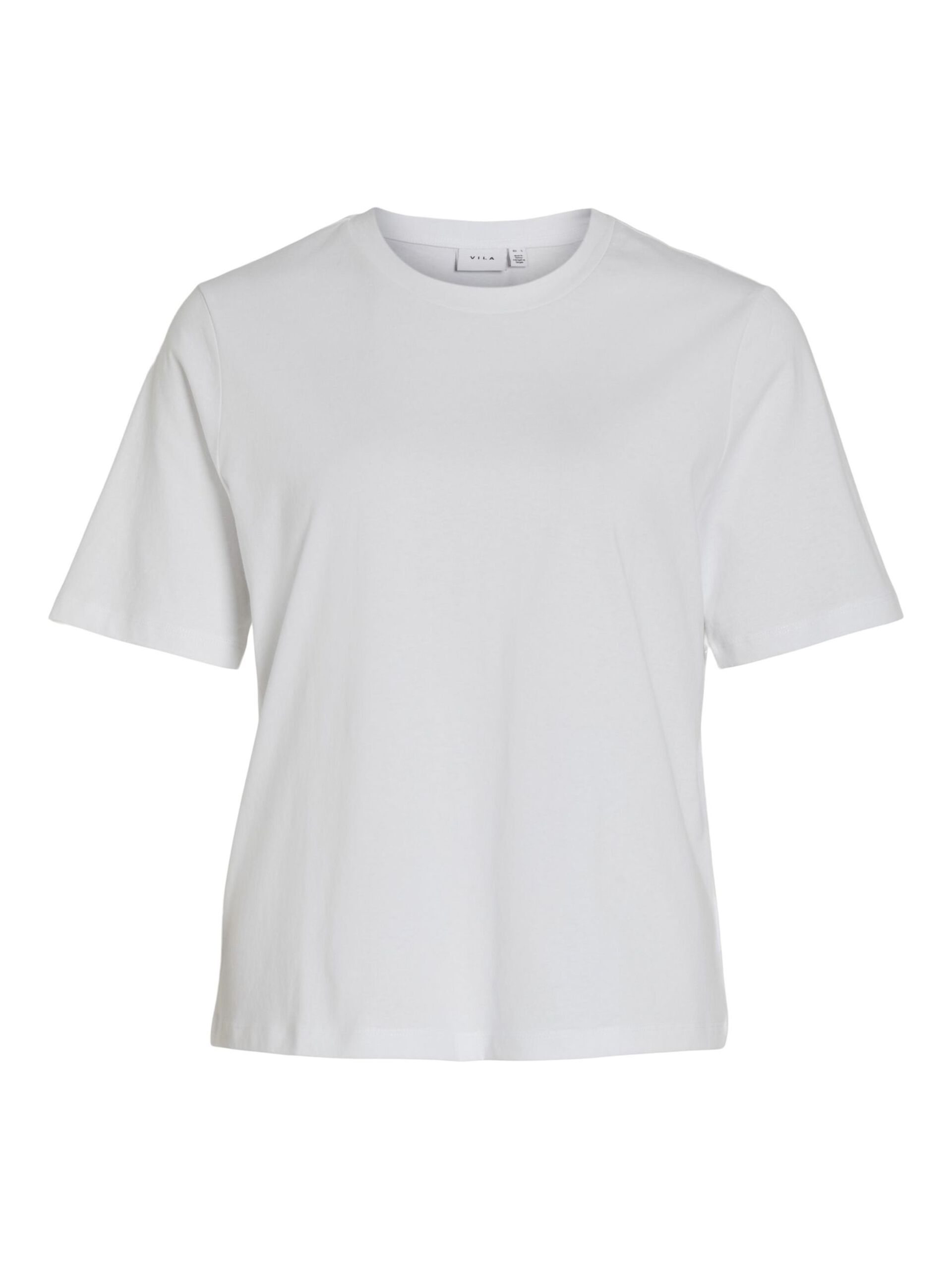 Camiseta básica de algodón modelo Darlene en color blanco con cuello redondo y manga corta. Corte cuadrado. Modelo 14089280 de Vila.