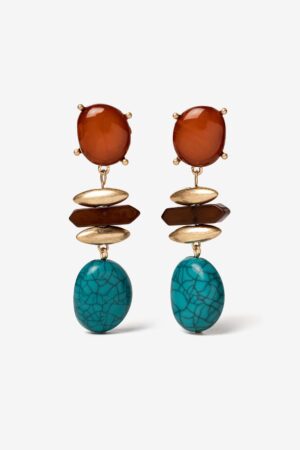 Pendientes Vilanova largos en tonos turquesa, ámbar y dorado.