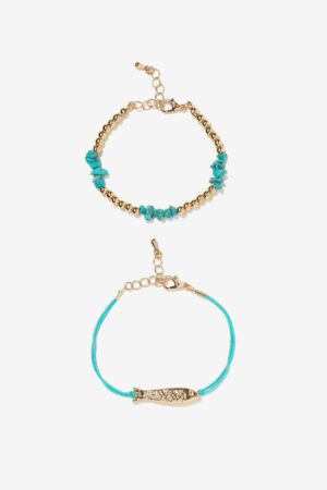Pack de pulseras Vilanova dorado con piedras turquesa y pulsera de cordón con detalle de pez.