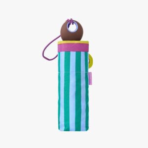 Paraguas plegable Clima con estampado de rayas verde agua y azul claro, diseño compacto y ligero para uso diario.