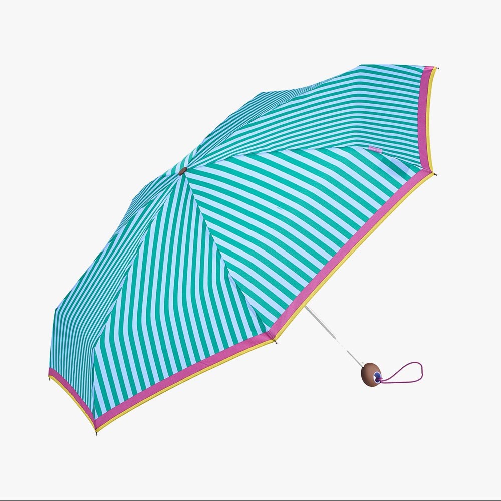 Paraguas plegable Clima con estampado de rayas verde agua y azul claro, diseño compacto y ligero para uso diario.