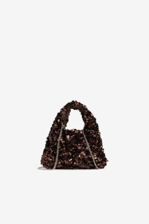 Bolso de lentejuelas bronce Vilanova con cadena plateada.