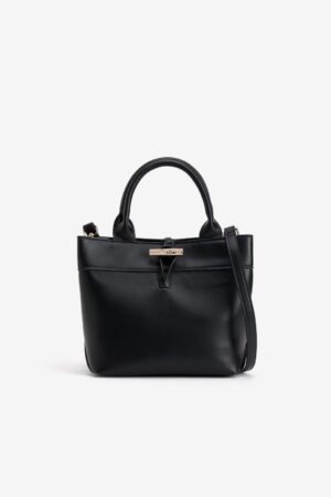 Bolso tote negro Vilanova con doble asa de mano, bandolera ajustable y detalle de cierre dorado elegante.