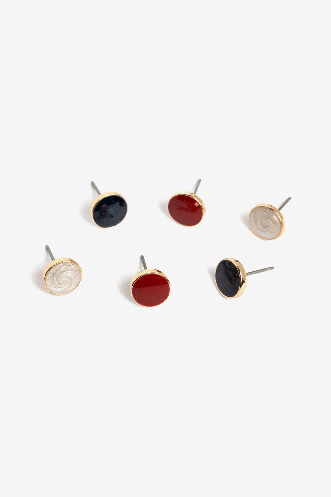Pack de 3 pendientes redondos esmaltados Vilanova en tonos azul marino, rojo y beige con acabado dorado.