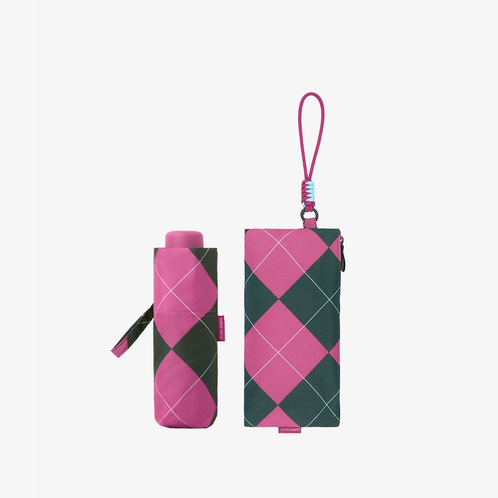 Paraguas plegable Clima con estampado de cuadros rosa y verde, diseño compacto y funda a juego para transportar cómodamente.