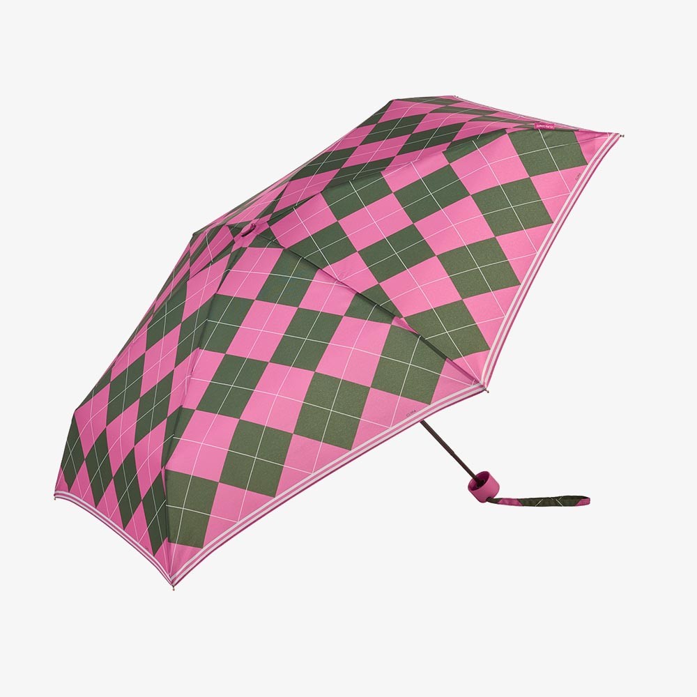 Paraguas plegable Clima con estampado de cuadros rosa y verde, diseño compacto y funda a juego para transportar cómodamente.