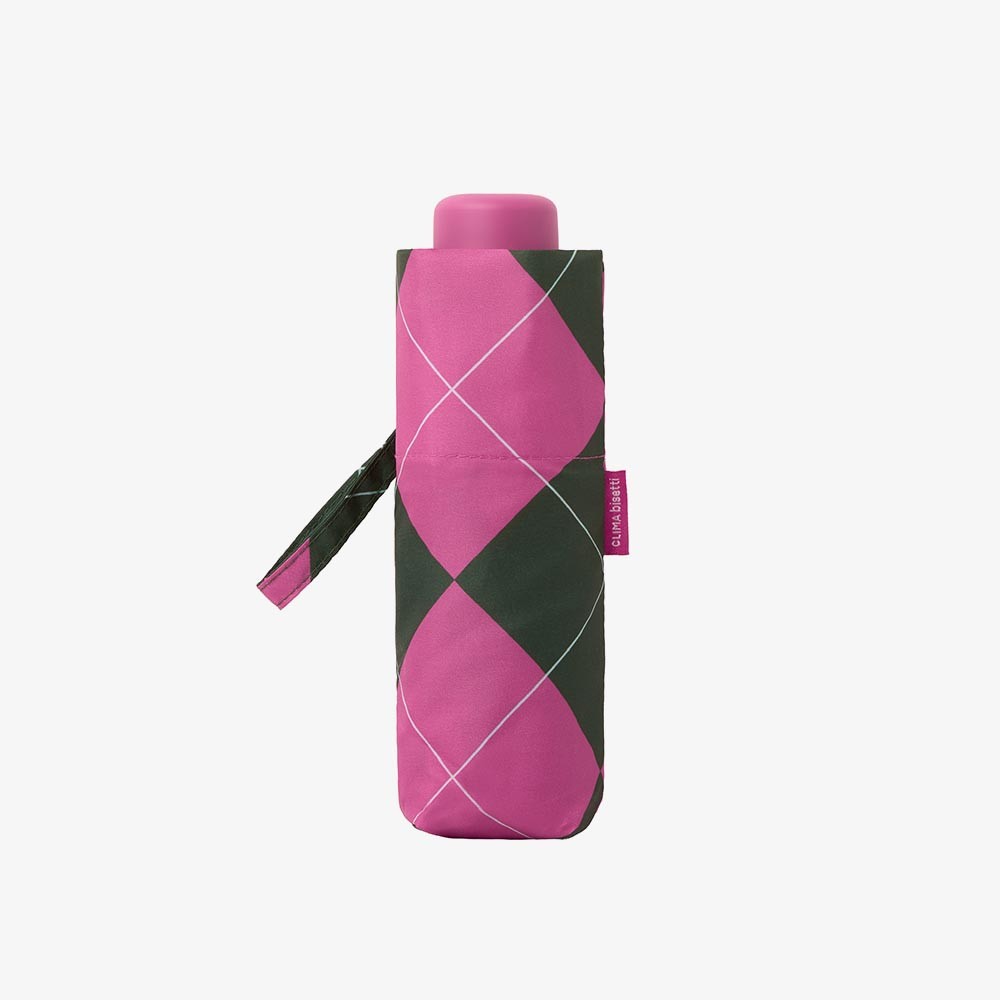 Paraguas plegable Clima con estampado de cuadros rosa y verde, diseño compacto y funda a juego para transportar cómodamente.