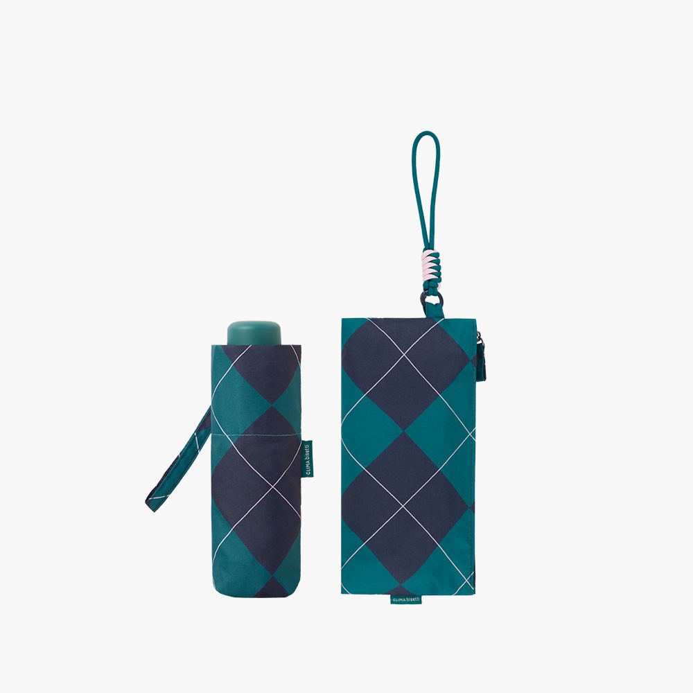 Paraguas plegable Clima con estampado geométrico en tonos verde azulado y azul marino, acompañado de estuche con cremallera a juego.