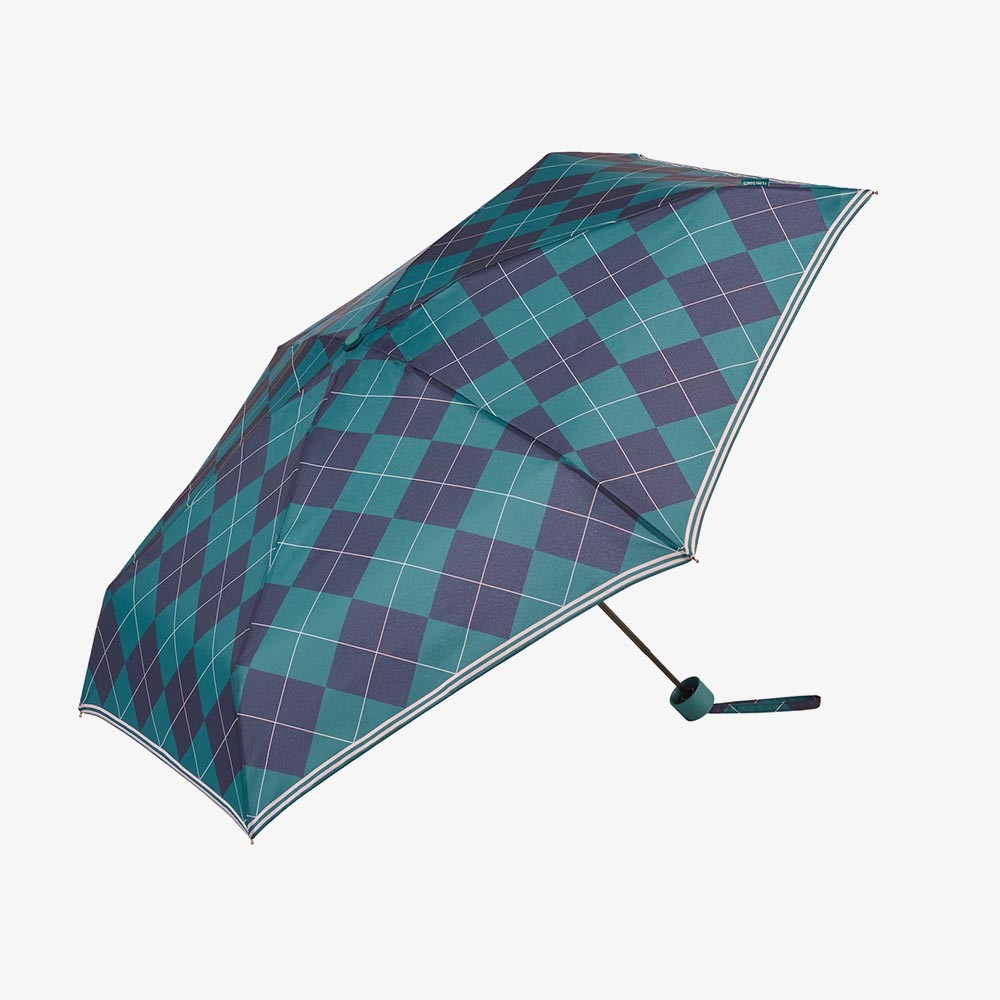 Paraguas plegable Clima con estampado geométrico en tonos verde azulado y azul marino, acompañado de estuche con cremallera a juego.