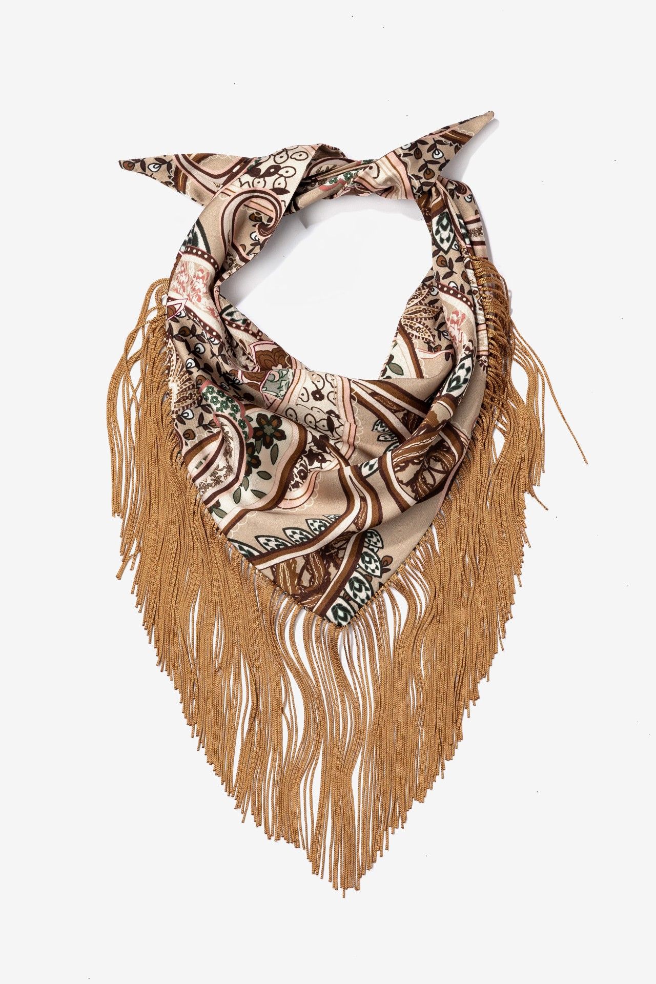 Bandana Flecos Vilanova Marrón con estampado en tonos tierra y flecos camel.