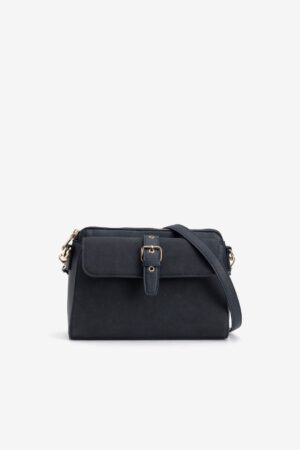 Bolso bandolera Naia Vilanova azul marino con bolsillo exterior y detalles dorados.
