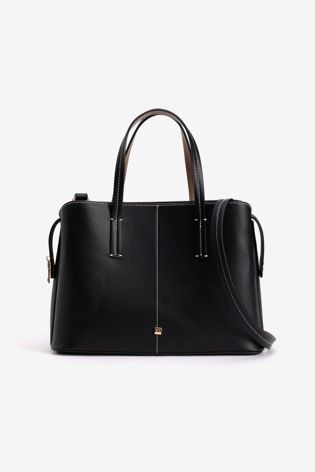 Bolso shopper Mireya Vilanova negro con doble asa, bandolera ajustable y costuras blancas en contraste.