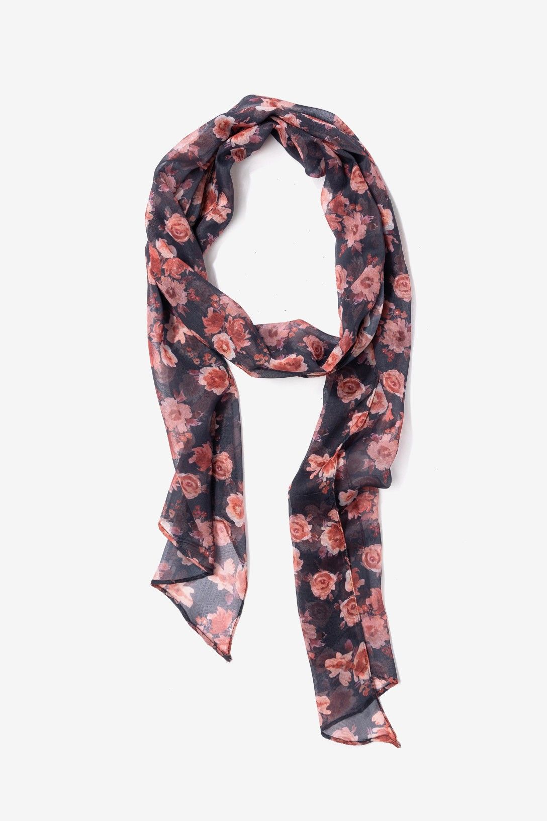 Pañuelo Iria Vilanova azul oscuro con estampado floral rosa y coral