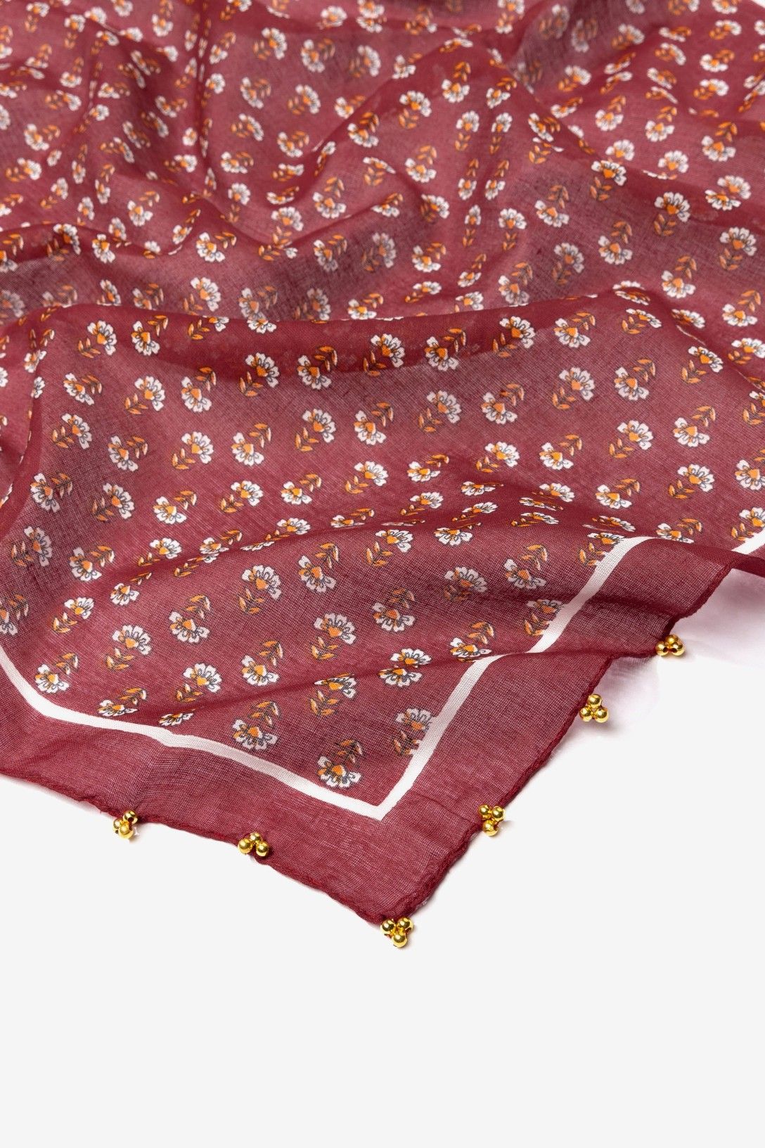 Bandana Elara Vilanova burdeos en 100% algodón con estampado floral y cuentas doradas