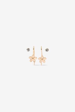 Pack Pendientes Flores Vilanova dorado con diseño largo de flor y studs de cristal. Dos opciones delicadas y fáciles de combinar.