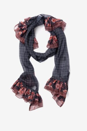 Pañuelo Livia Vilanova azul oscuro con cuadros blancos y volantes florales burdeos