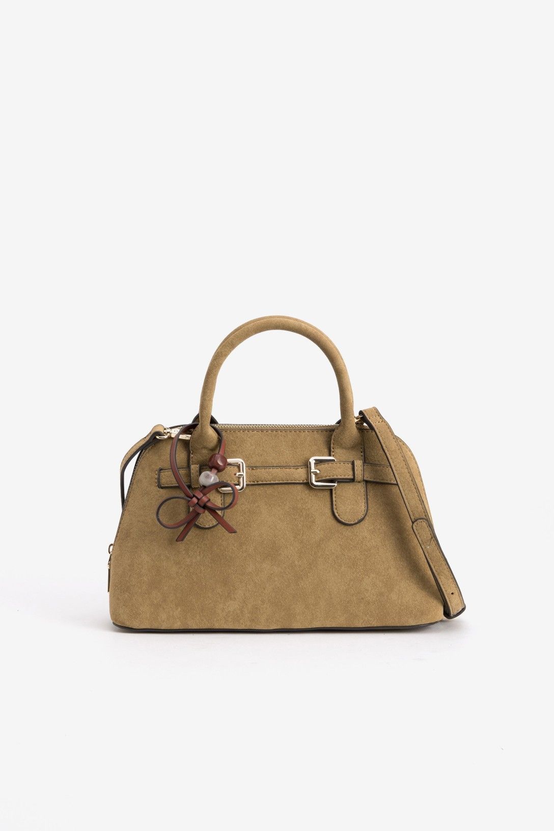 Bolso Mara Vilanova marrón claro con doble asa, correa ajustable y lazo decorativo