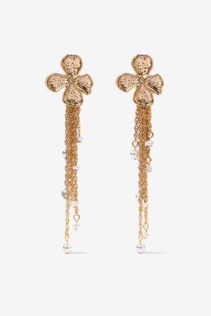 Pendientes Ornella Vilanova dorados con flor, cadenas y pequeñas perlas blancas