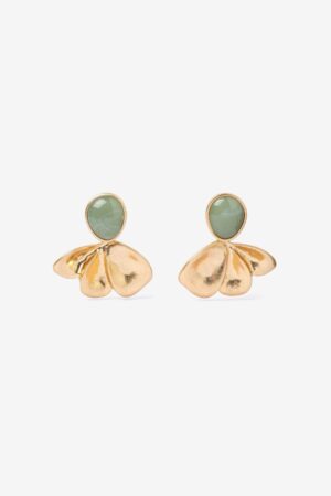 Pendientes Vilanova verde y dorado con pieza ovalada y diseño orgánico.