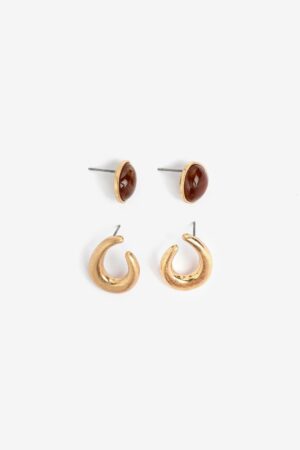 Set pendientes pequeños Vilanova dorado y marrón con aros y diseño ovalado.