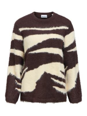 Jersey Objlinda OBJECT beige y chocolate de punto peludo, vista frontal