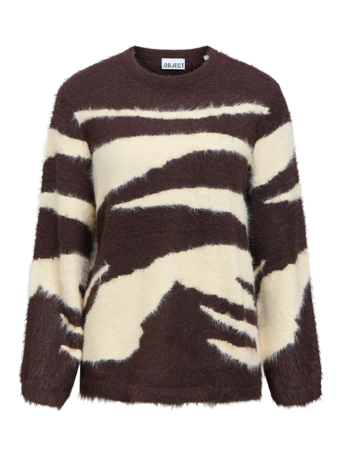 Jersey Objlinda OBJECT beige y chocolate de punto peludo, vista frontal