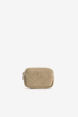 Monedero acolchado Vilanova Beige con cremallera y detalle dorado, vista frontal