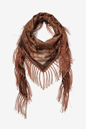 Pañuelo Vilanova marrón semitransparente con estampado floral y flecos boho